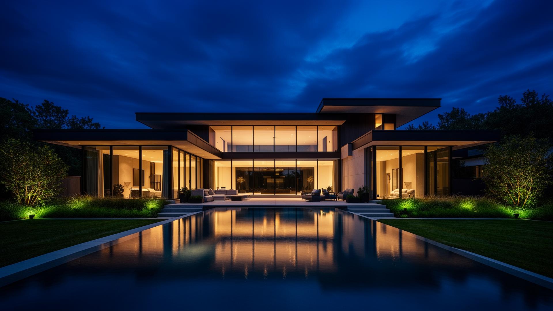 Modern luxury custom home at twilight